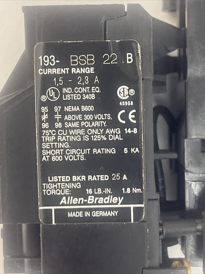 ALLEN BRADLEY STARTER 100-A12ND3 SER B 600VAC 12A 10HP COIL 120V 60HZ 193-BSB 22