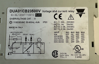 CARLO GAVAZZI DUA01CB23500V VOLTAGE AND CURRENT RELAY 115/230VAC 50/60HZ 4VA