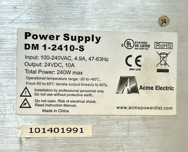 ACME ELECTRIC DM 1-2410-S POWER SUPPLY  24VDC 10A INPUT 240VAC 4.9A 47-63HZ