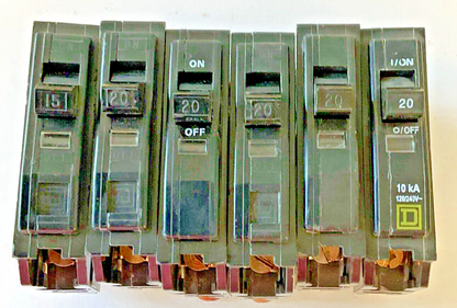 SQUARE D QOB120 CIRCUIT BREAKER 120-240VAC 5X 20A, 1X 15A 1POLE ***LOTOF6***