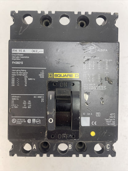 SQUARE D FH36015 CIRCUIT BREAKER 15AMP 600VAC 250VDC 3POLE