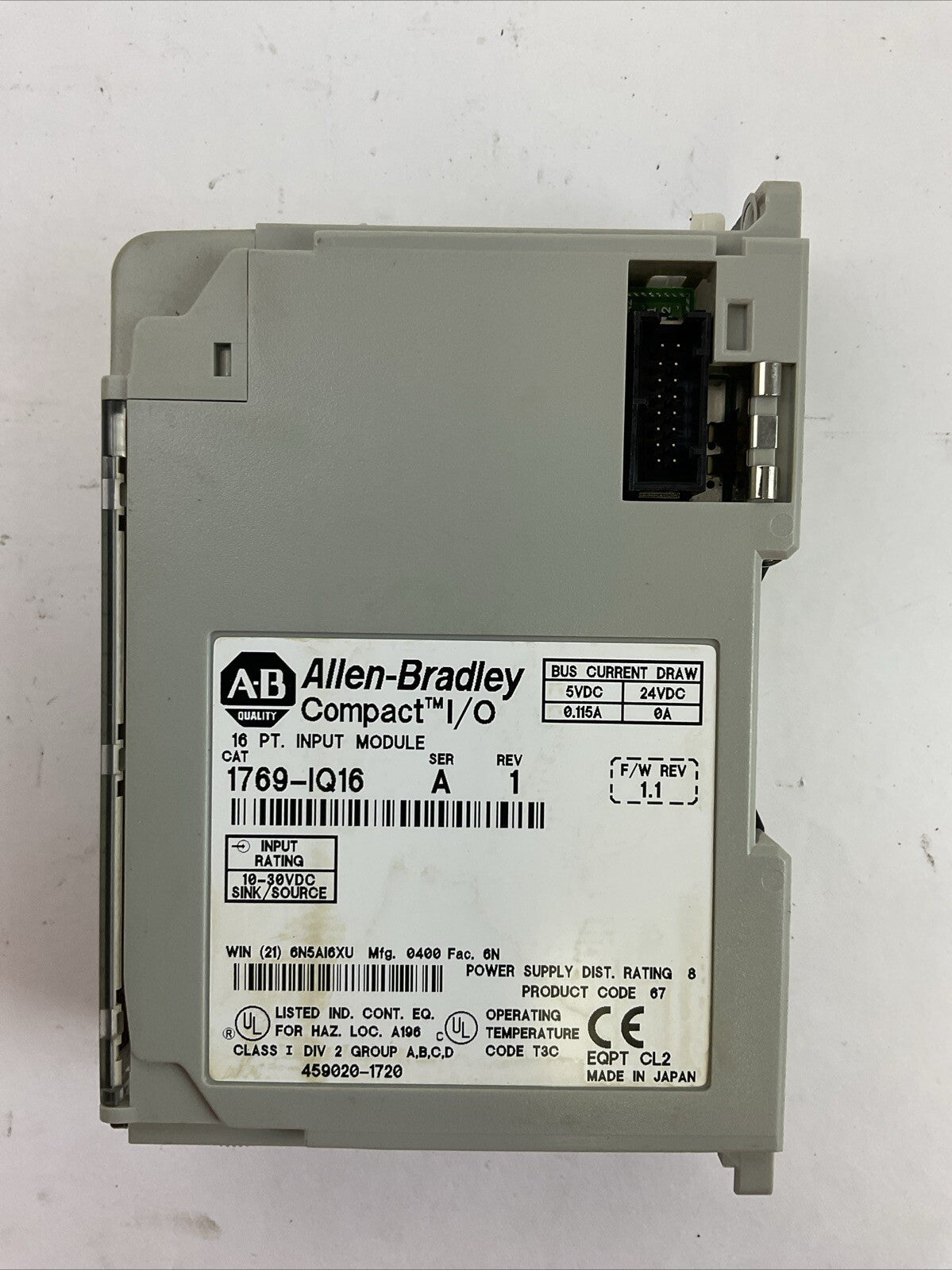 ALLEN BRADLEY 1769-IQ16 SER A REV 1 F/W REV 1.1 COMPAT I/O 16PT INPUT MODULE
