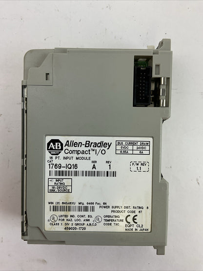 ALLEN BRADLEY 1769-IQ16 SER A REV 1 F/W REV 1.1 COMPAT I/O 16PT INPUT MODULE