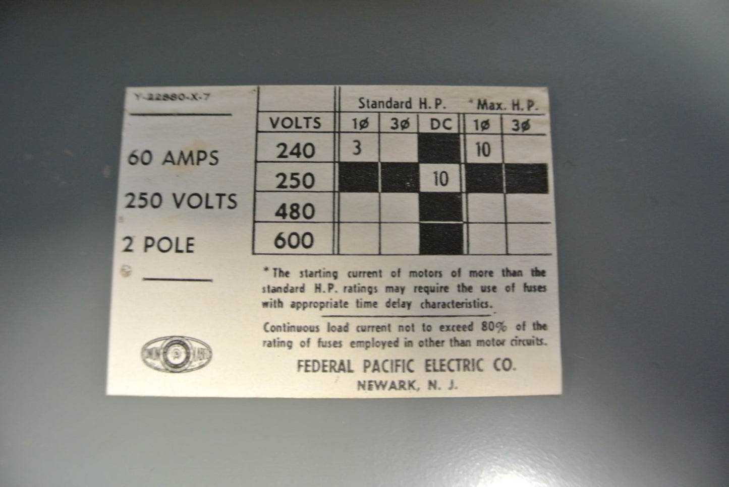 FEDERAL PACIFIC QMQB-6022  TWIN PANELBOARD SWITCH - 240VAC, 60A, 2-POLE, 3HP