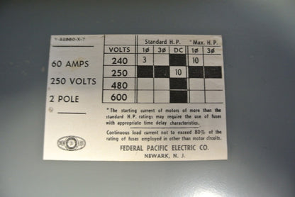FEDERAL PACIFIC QMQB-6022  TWIN PANELBOARD SWITCH - 240VAC, 60A, 2-POLE, 3HP