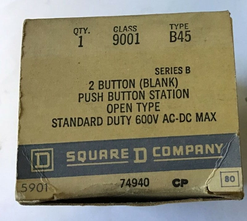SQUARE D 9001 B45 2 BUTTON PUSH BUTTON STATION 600VAC-DC SER.B