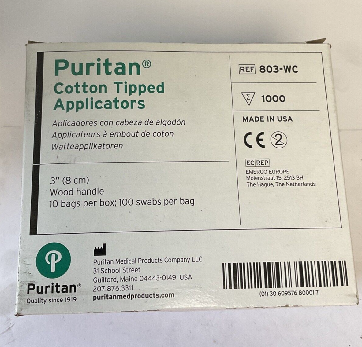 PURITAN 803-WC COTTON TIPPED APPLICATORS ****ONE CASE OF 1000, 100 PER PACK****