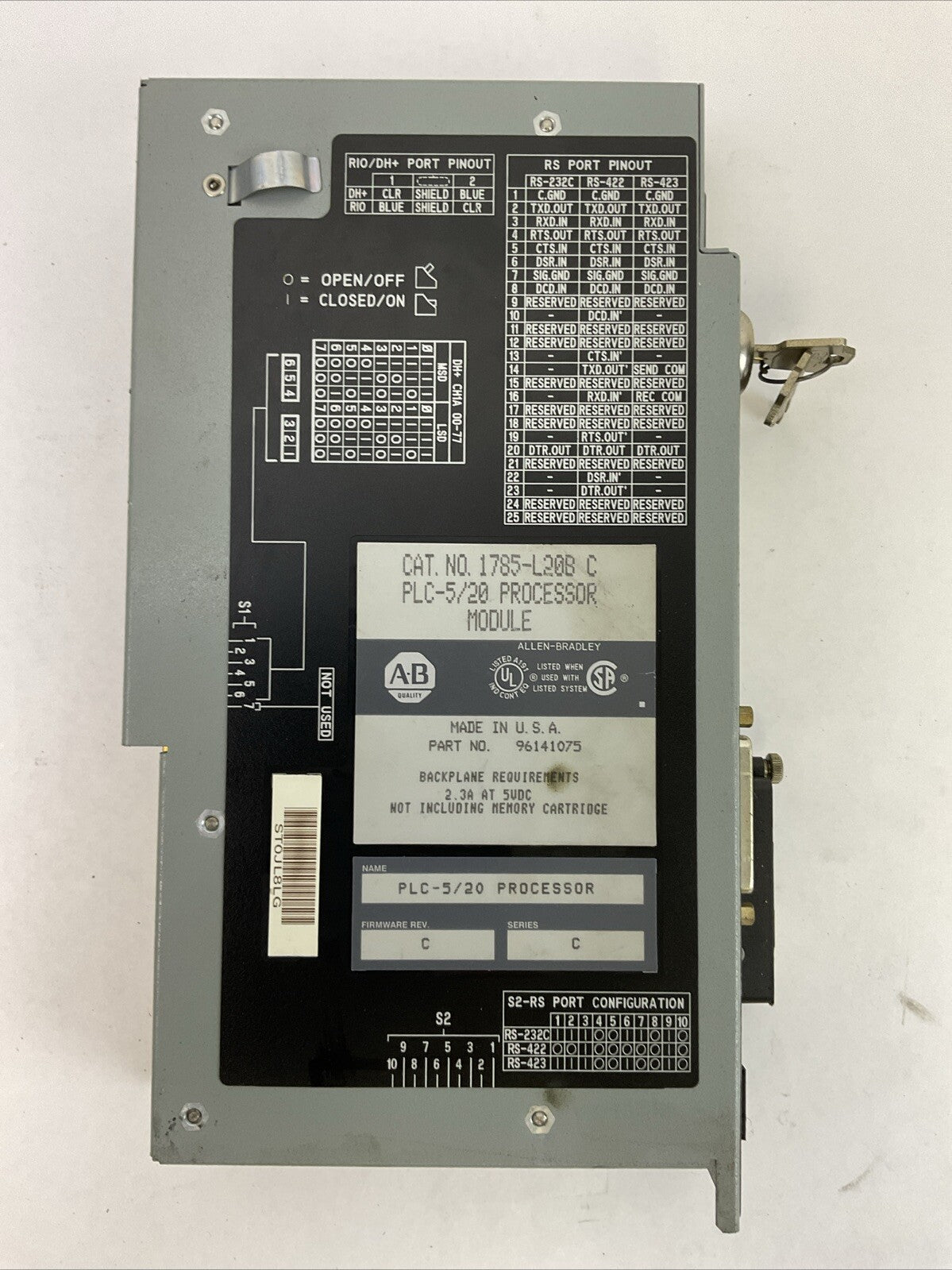 ALLEN BRADLEY 1785-L20B PLC-5/20 PROCESSOR MODULE SER C FIRMWARE REV C 2.3A@5VDC