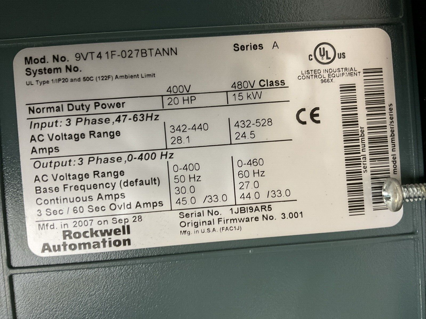 ROCKWELL AUTOMATION 9VT4 1F-027BTANN AC DRIVE SER A 400V 20HP FIRMWARE NO 3.001