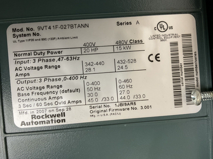 ROCKWELL AUTOMATION 9VT4 1F-027BTANN AC DRIVE SER A 400V 20HP FIRMWARE NO 3.001