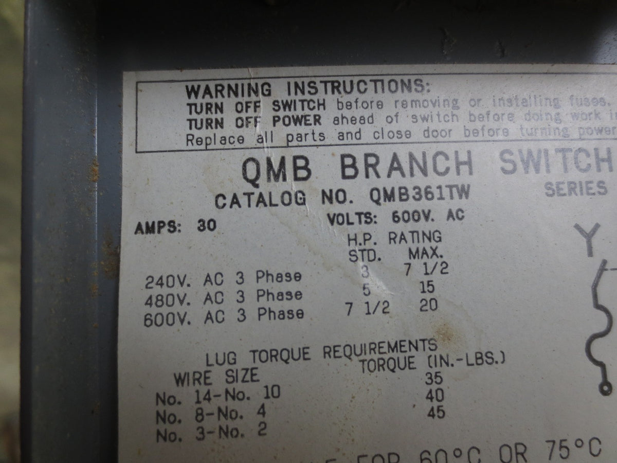 SQUARE D QMB361TW PANELBOARD SWITCH 30A, 600VAC 3-POLE