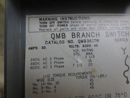 SQUARE D QMB361TW PANELBOARD SWITCH 30A, 600VAC 3-POLE