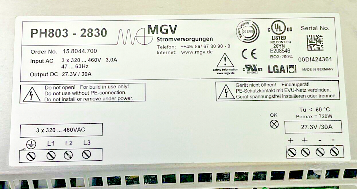 MGV PH803-2830 POWER SUPPLY 460V 3A 63HZ 720W