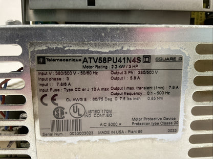 TELEMECANIQUE ATV58PU41N4S AC DRIVE 380/500V V3.1