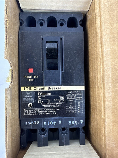 SIEMENS ITE E23B030 MOLDED CASE CIRCUIT BREAKER 30A 3P 240VAC