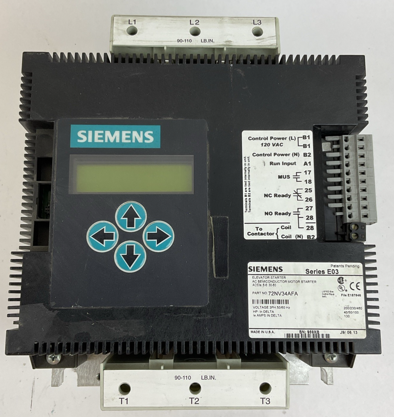 SIEMENS 72NV34AFA ELEVATOR STARTER SEMICONDUCTOR MOTOR STARTER SER.E03 3PH