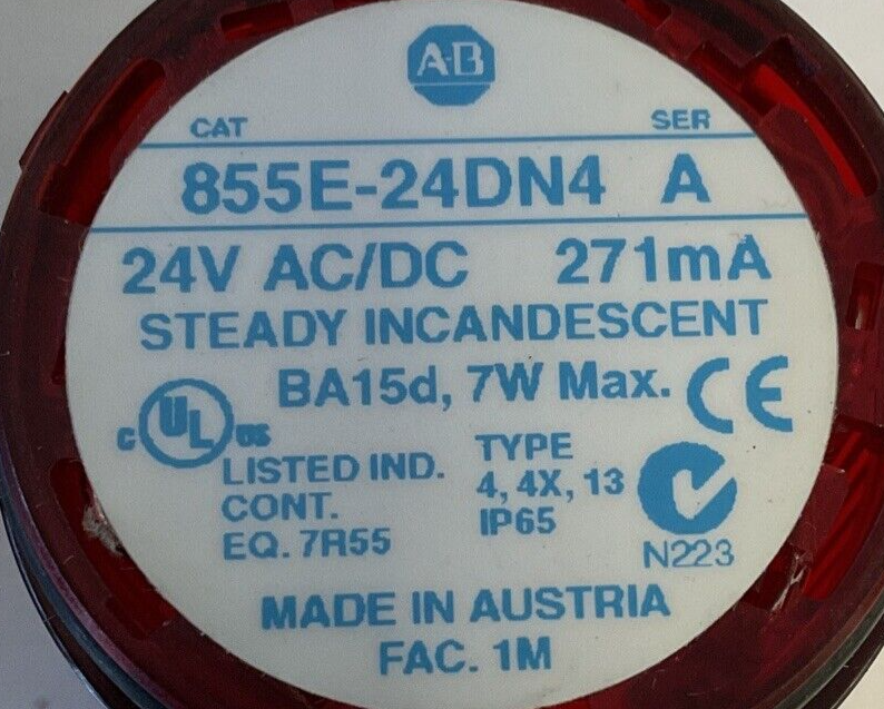 ALLEN BRADLEY 855E-24DN4 STEADY INCANDESCENT COVER SER.A 24VAC/DC 7W***LOTOF3***