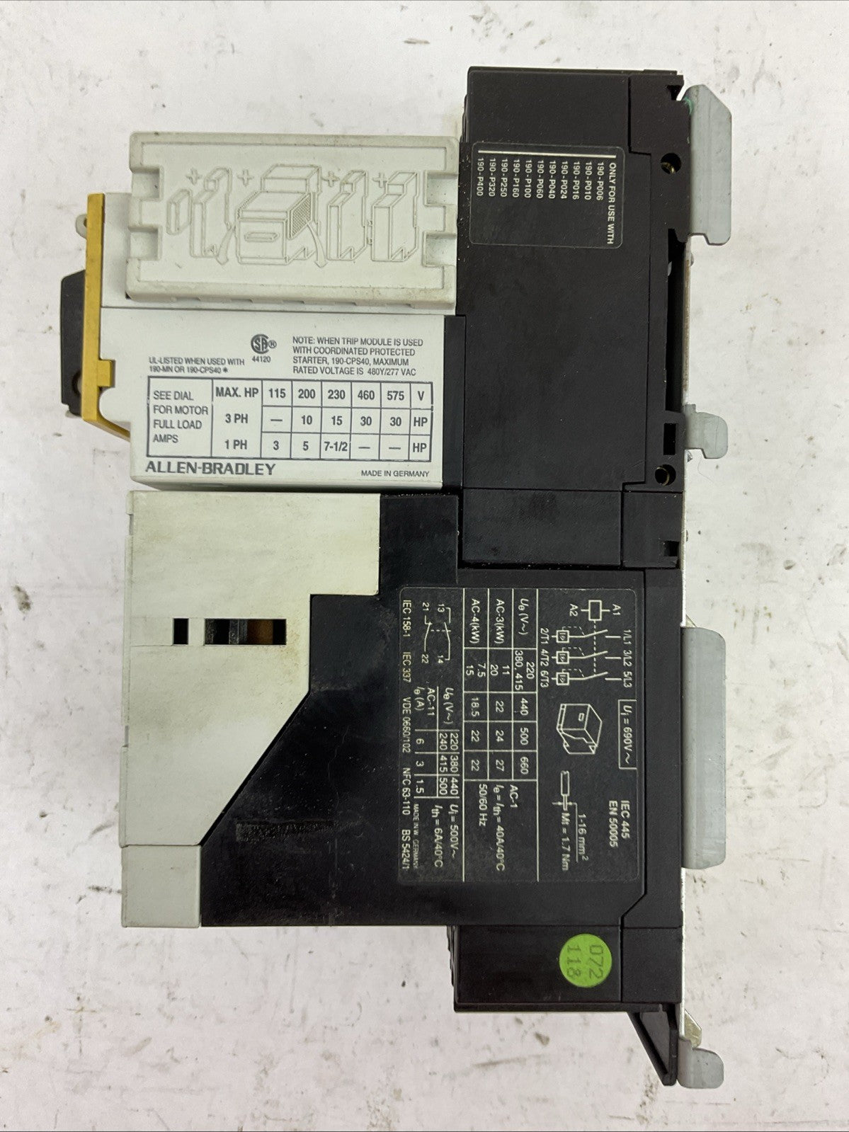 ALLEN BRADLEY STARTER 190-A40 COIL 120V 190-P400 190-T11-11 190-A11-11 190-CPS40