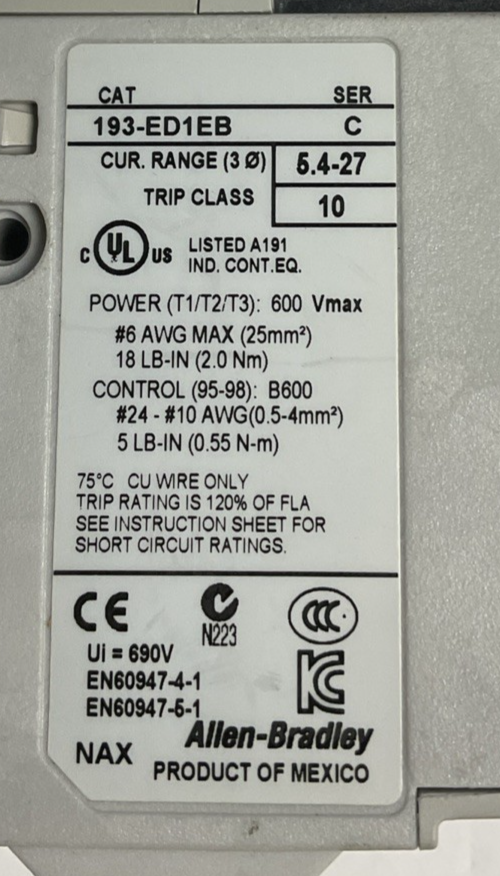 ALLEN BRADLEY 193-ED1EB OVERLOAD RELAY SER.C 690V