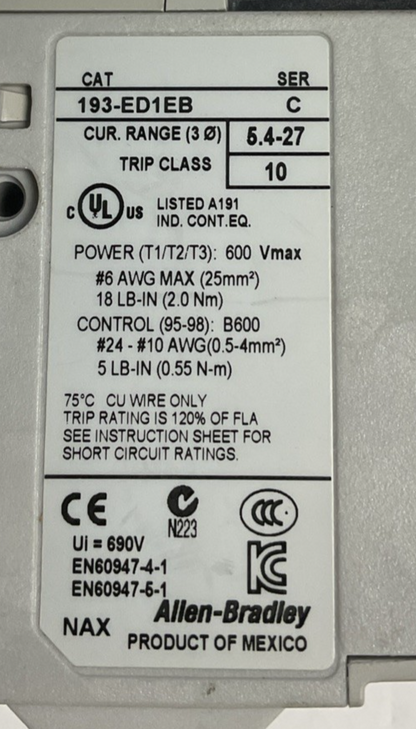 ALLEN BRADLEY 193-ED1EB OVERLOAD RELAY SER.C 690V