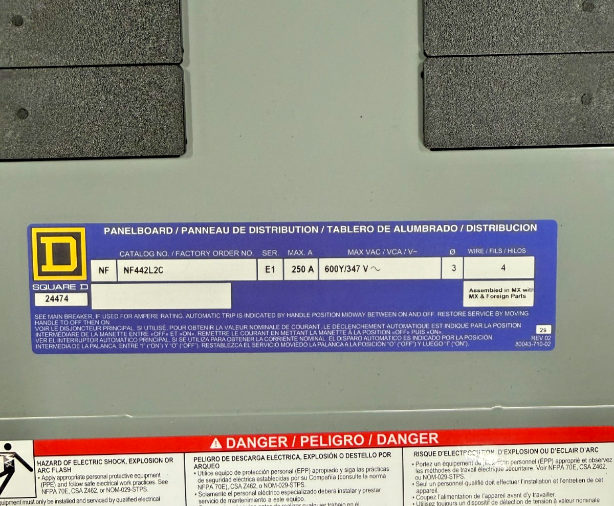 SQUARE D NF442L2C PANELBOARD E1 250A 600Y/347VAC W/ (9)EDB34015 15A CIR. BREAKER