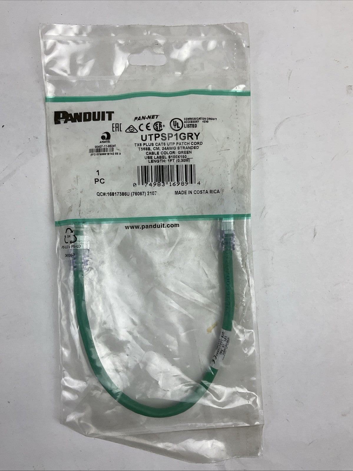 PANDUIT UTPSP1GRY 1FT TX6 PLUS CAT6 UTP PATCH CORD (LOT OF 5)