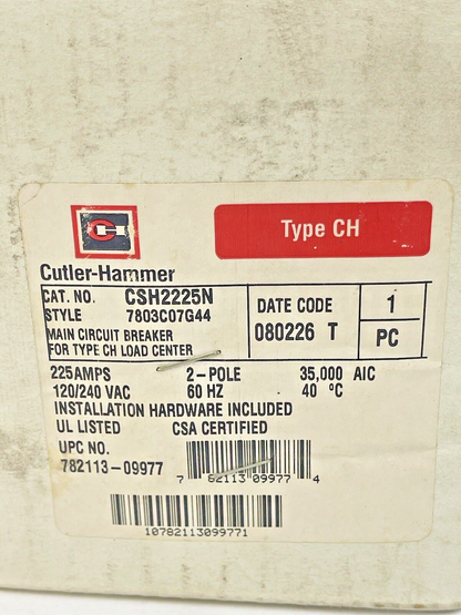 CUTLER-HAMMER - CSH2225N - 2 POLE,225A,240 VAC,60HZ TYPE CH MAIN CIRCUIT BREAKER