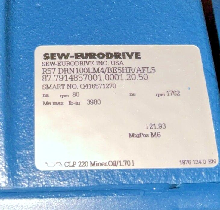 SEW-EURO DRIVE R57 DRN100LM4/BE5HR/AFL5 GEAR MOTOR 1762/30RPM 460V 60HZ 4.20A