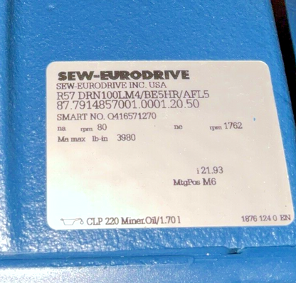 SEW-EURO DRIVE R57 DRN100LM4/BE5HR/AFL5 GEAR MOTOR 1762/30RPM 460V 60HZ 4.20A