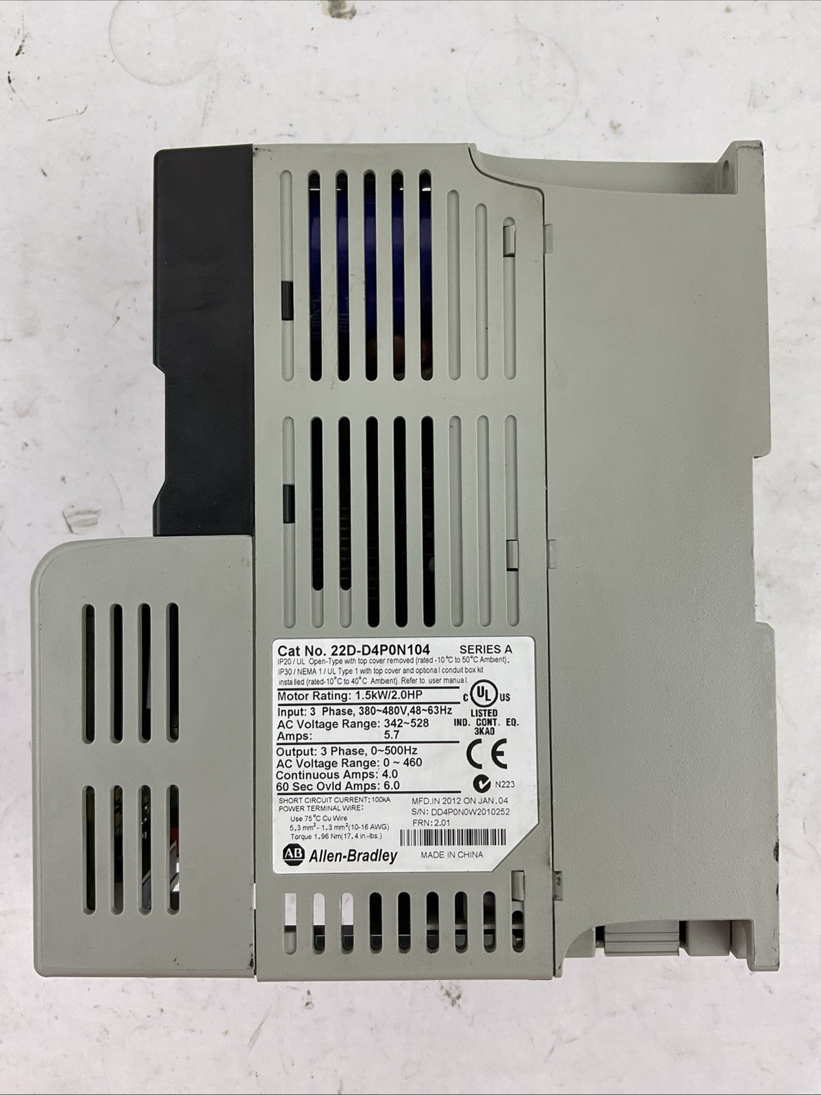 ALLEN BRADLEY 22D-D4P0N104 SER A FRN 2.01 AC DRIVE 1.5kW/2.0HP POWER FLEX