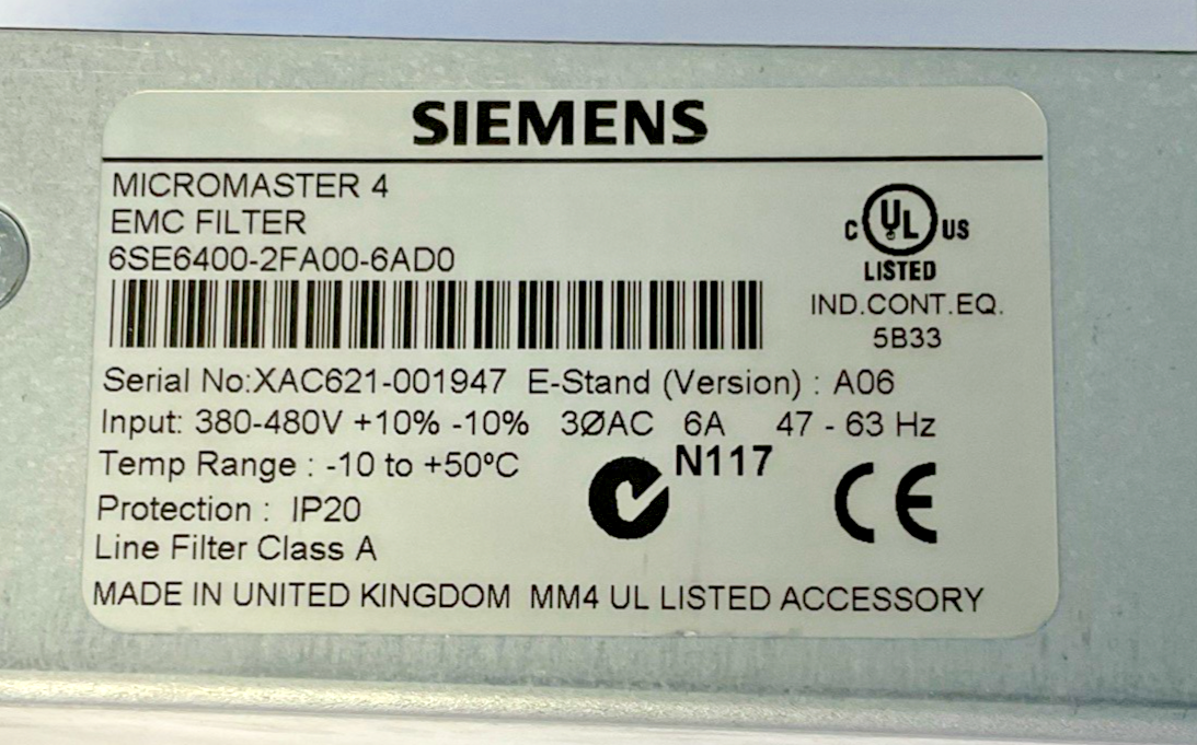 SIEMENS 6SE6400-2FA00-6AD0 EMC FILTER 480V 6A VER.A06 63HZ