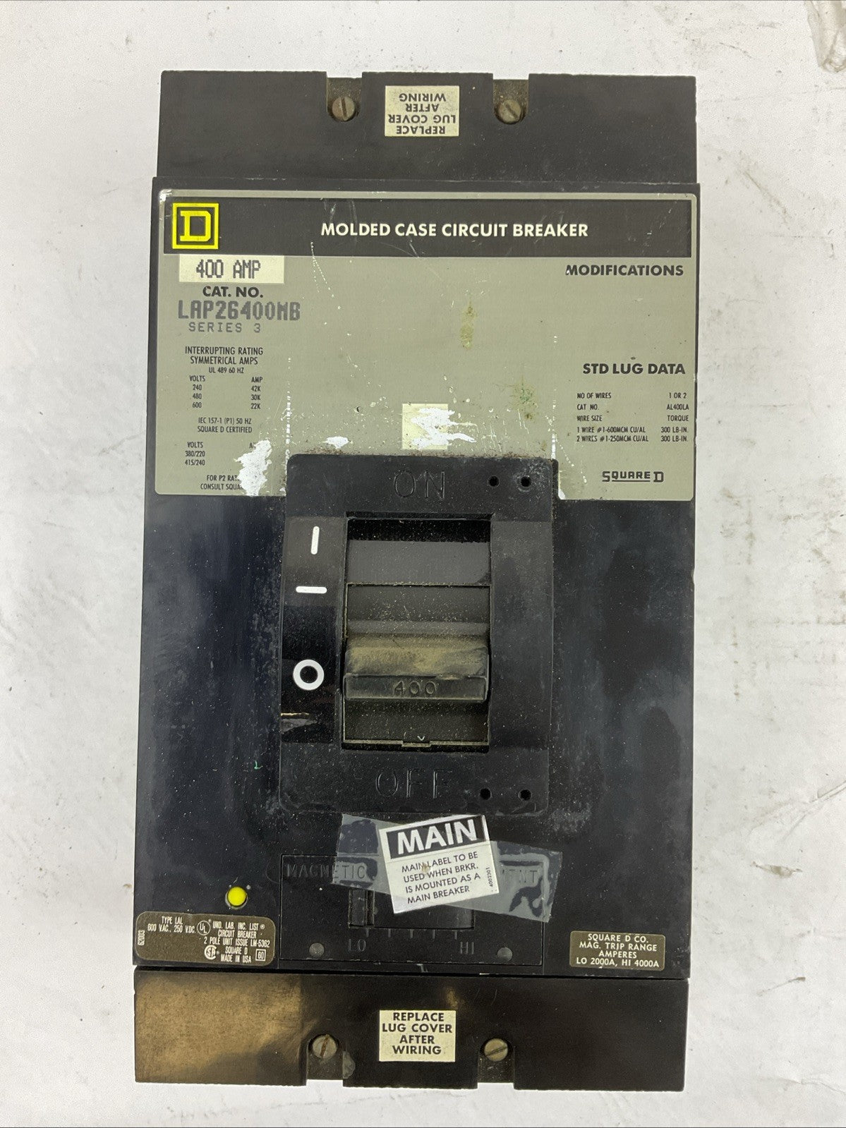 SQUARE D LAP26400MB CIRCUIT BREAKER SERIES 3 600VAC 400AMP 2POLE