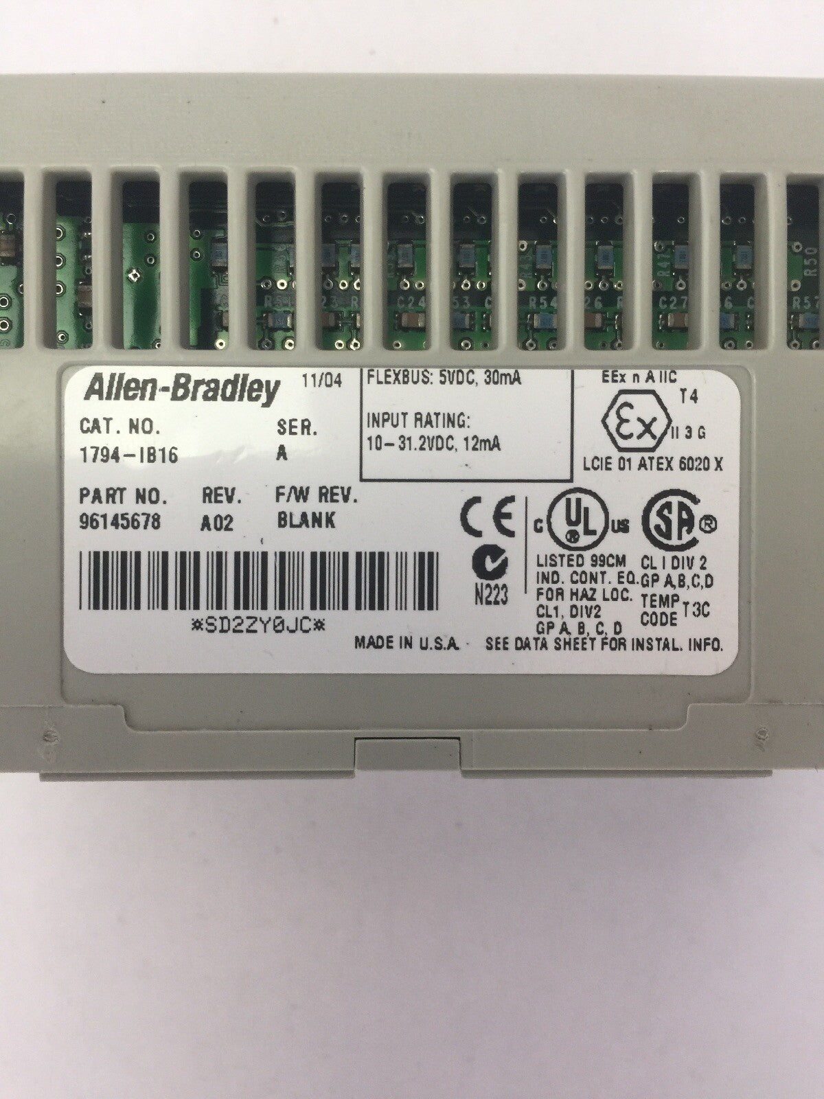 ALLEN BRADLEY 1794-IB16 24VDC SINK INPUT MODULE SER A REV A02 F/W REV BLANK