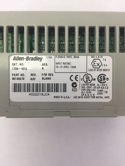 ALLEN BRADLEY 1794-IB16 24VDC SINK INPUT MODULE SER A REV A02 F/W REV BLANK