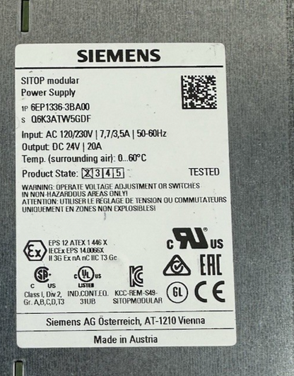 SIEMENS SITOP 6EP1336-3BA00 POWER SUPPLY 24VDC 20A 1PH 100-240VAC