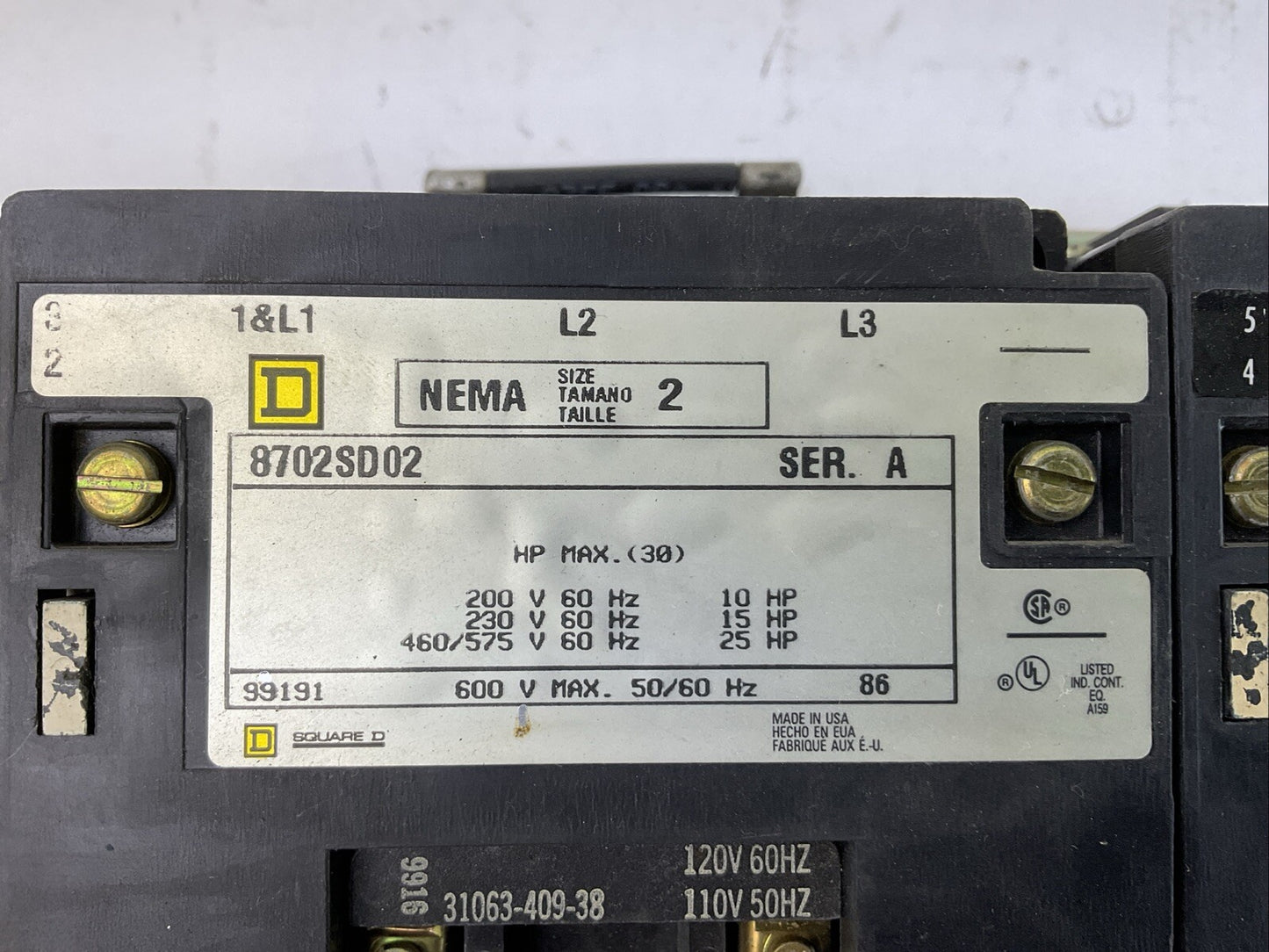 SQUARE D 8702SD02 REVERSING CONTACTOR SER A 600V 25HP 31063-409-38 COIL 120V 60H