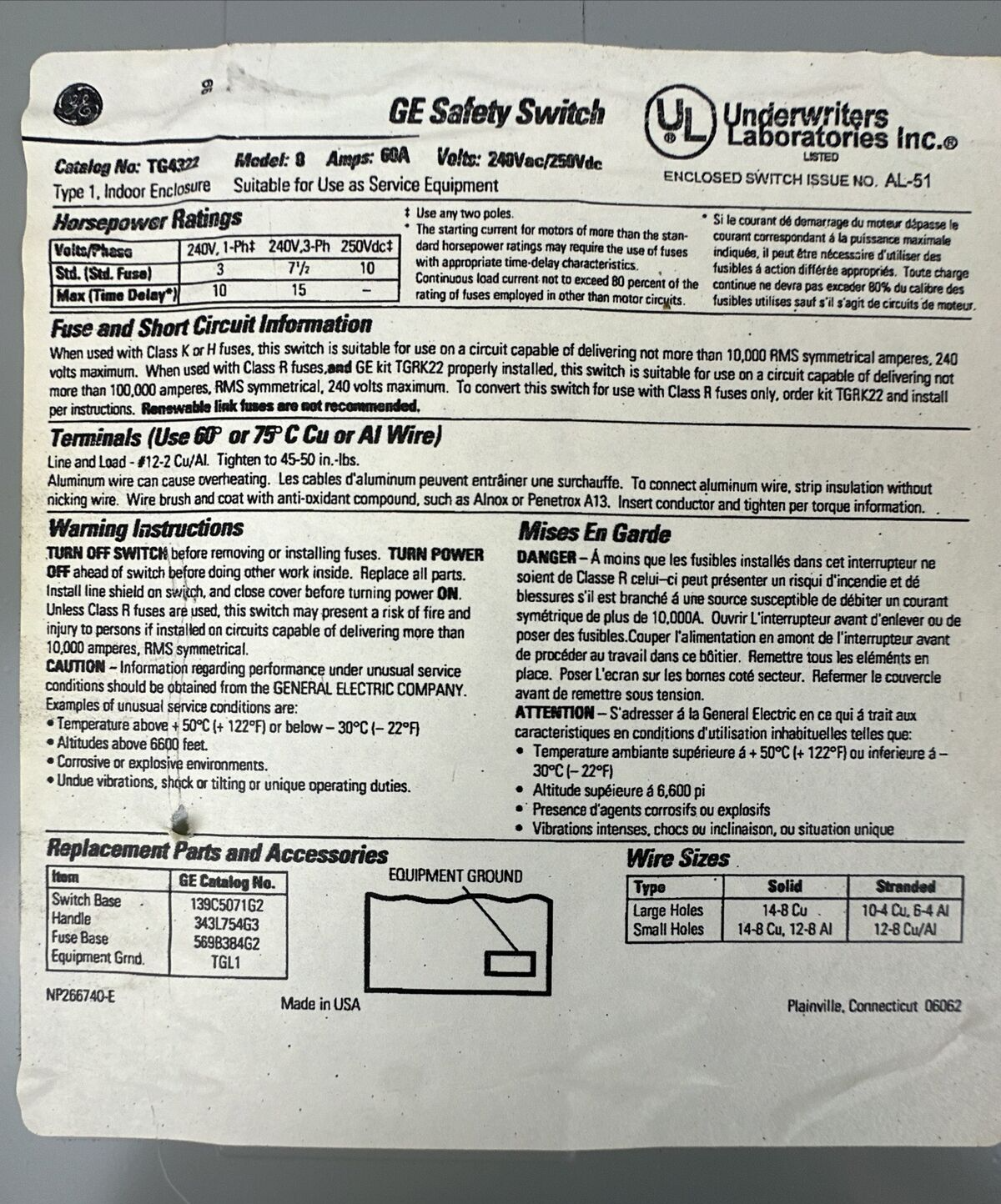 GE TG4322 FUSIBLE SAFETY SWITCH MOD 8 60A 240VAC 3PH 15HP 250VDC 10HP 3P TYPE 1
