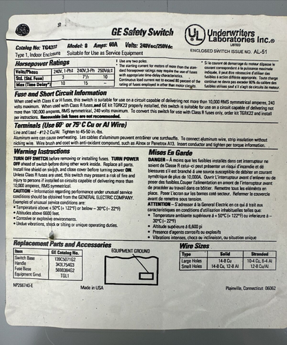 GE TG4322 FUSIBLE SAFETY SWITCH MOD 8 60A 240VAC 3PH 15HP 250VDC 10HP 3P TYPE 1