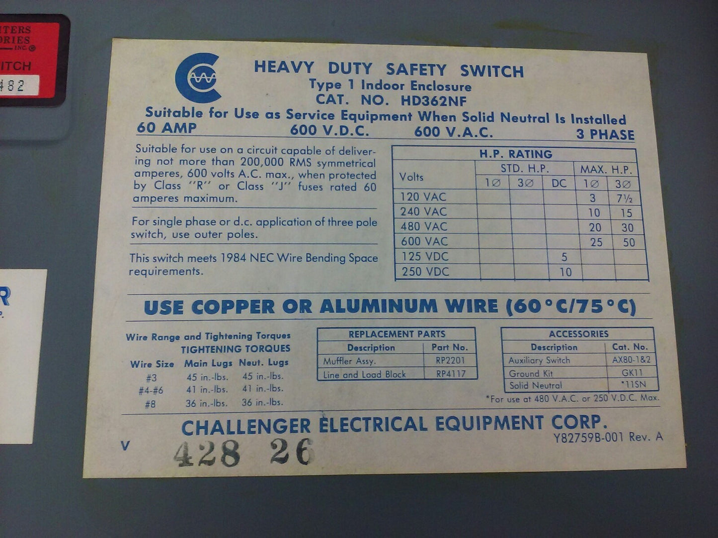 CHALLENGER HD362NF, H.D. SAFETY SWITCH, TYPE 1 INDOOR, 60A, 600V, 3 PHASE, NEW