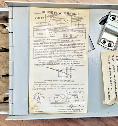ITE SIEMENS V2B3211R VACU-BREAK PANELBOARD SWITCH SER.A 240V 30A 3POLE 3PH