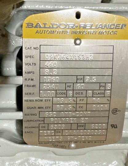 BALDOR 7.5HP 1760RPM 9.2A MOTOR W/ STEARN 108704100GLF BRAKE REV.B 35LB-FT