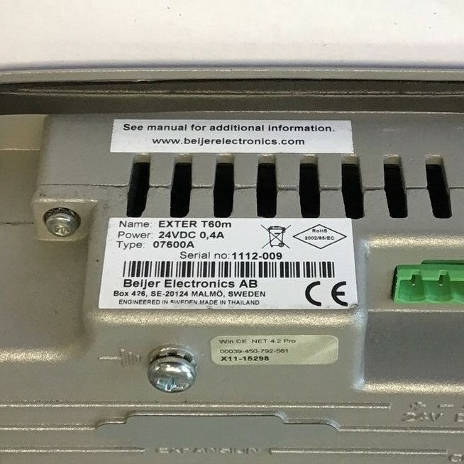 BEIJER ELECTRONICS EXTER T60M TOUCH SCREEN OPERATOR 24VDC TYPE07600A