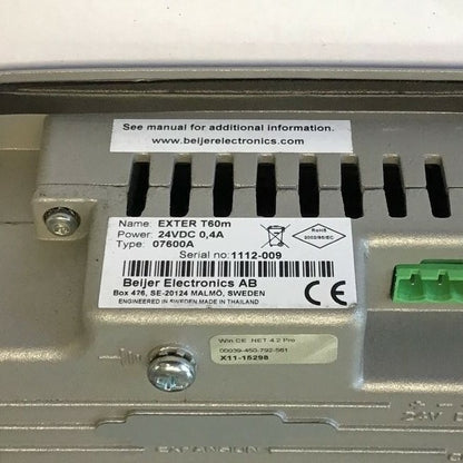 BEIJER ELECTRONICS EXTER T60M TOUCH SCREEN OPERATOR 24VDC TYPE07600A