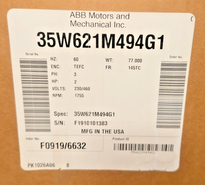 RELIANCE BALDOR 35W621M494G1 MOTOR 2HP 3PH 60HZ FR:145TC 230/460V RPM:1755