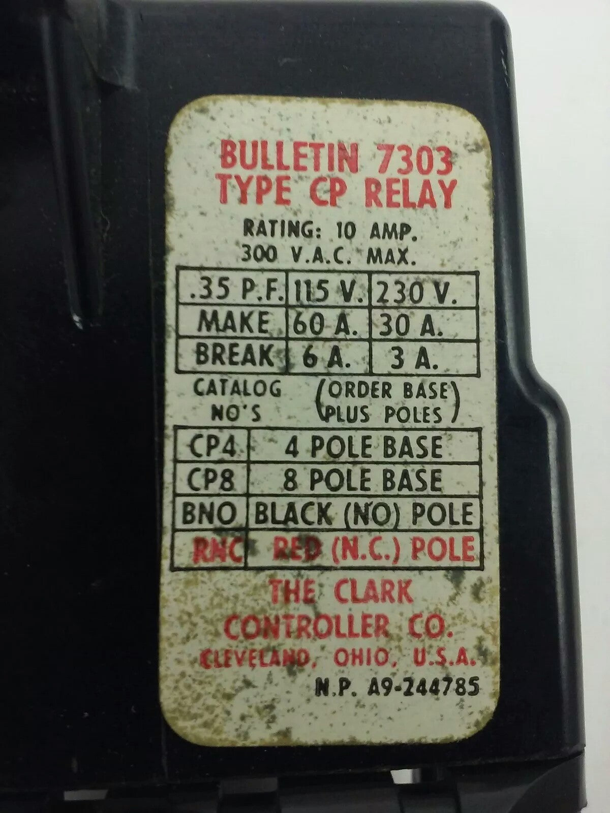 CLARK, CP8, BULLENTIN 7303, TYPE CP RELAY, 8P BASE, 300V,10A,NEW,MISSING SCREWS!