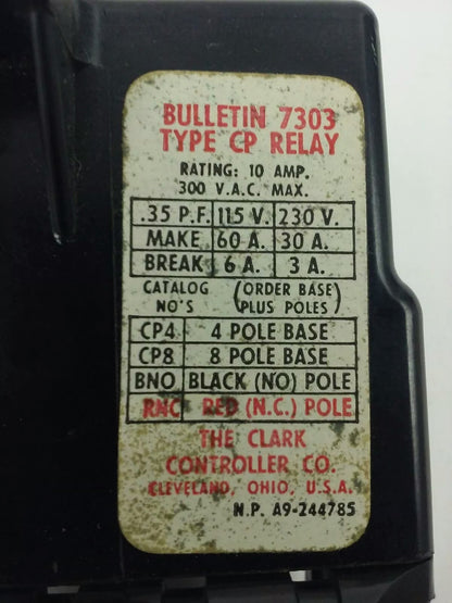 CLARK, CP8, BULLENTIN 7303, TYPE CP RELAY, 8P BASE, 300V,10A,NEW,MISSING SCREWS!