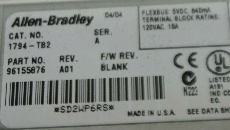 ALLEN-BRADLEY 1794-TB2 TERMINAL BASE / Ser. A, Rev. A01 / 120VAC / 10A