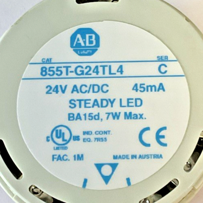 ALLEN BRADLEY 855T-G24TL4 STEADY LED LIGHT SER.C 45MA 7W 24VAC/DC