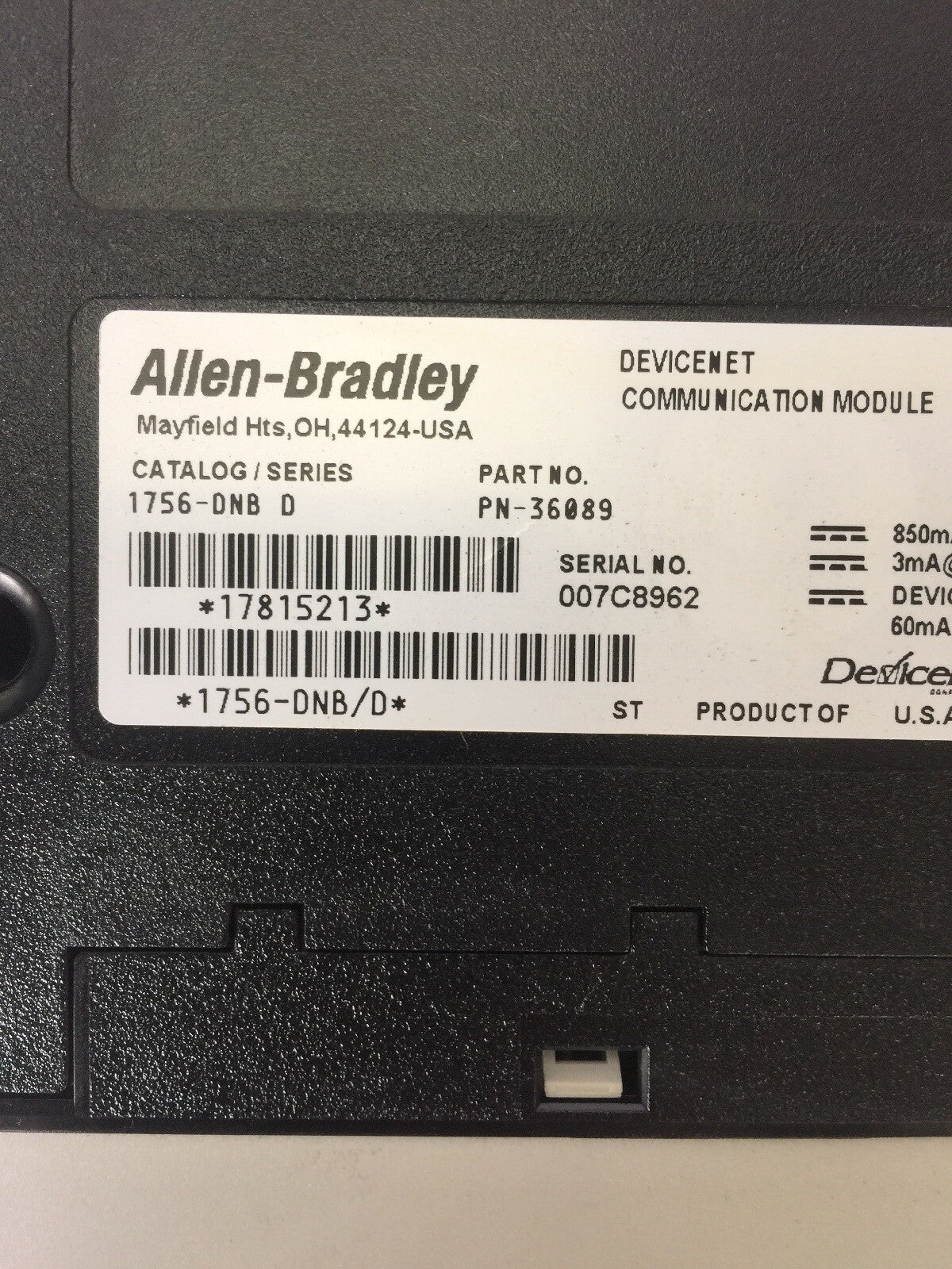 ALLEN BRADLEY 1756-DNB DEVICENET COMMUNICATION MODULE SER D 24VDC F/W REV 11.003