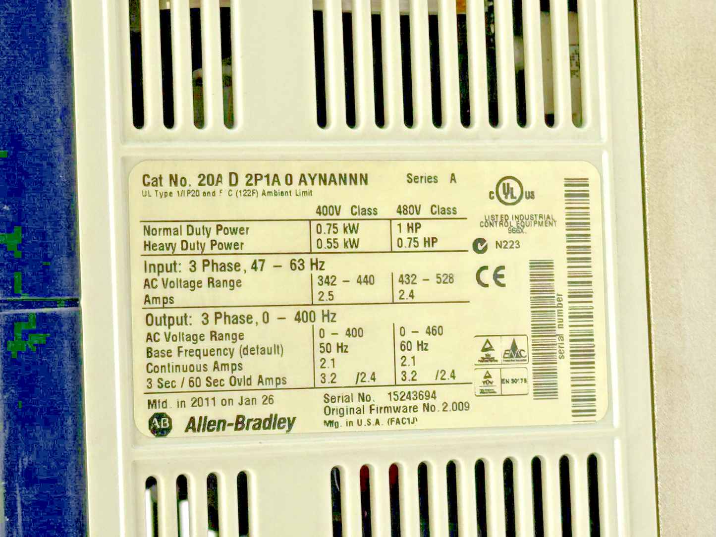 ALLEN-BRADLEY - 20AD2P1A0AYNANNN SER. A FW. 2.009 - POWERFLEX 70 & 20-HIM-A3 /A